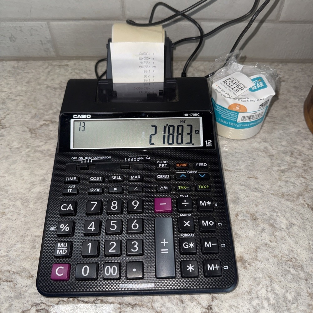 Vintage Casio Printing Calculator Desktop Prints HR-170RC 2 Printer Rolls Works